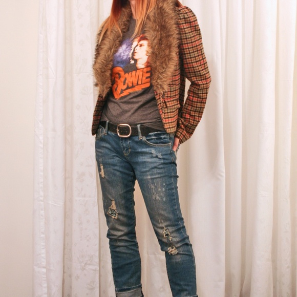 DEPT Plaid Wool Blazer Jacket With Faux Fur Collar Size Small - Picture 5 of 10